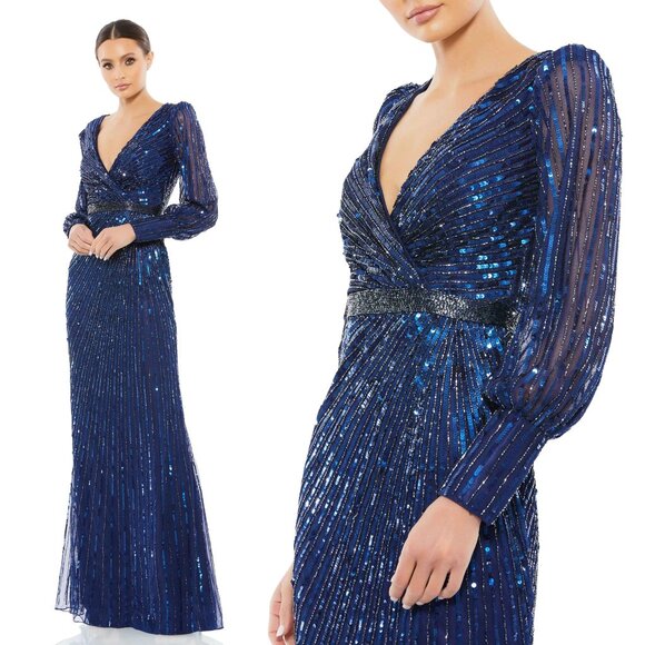 SEQUINED WRAP OVER BISHOP SLEEVE GOWNMAC DUGGAL 5501